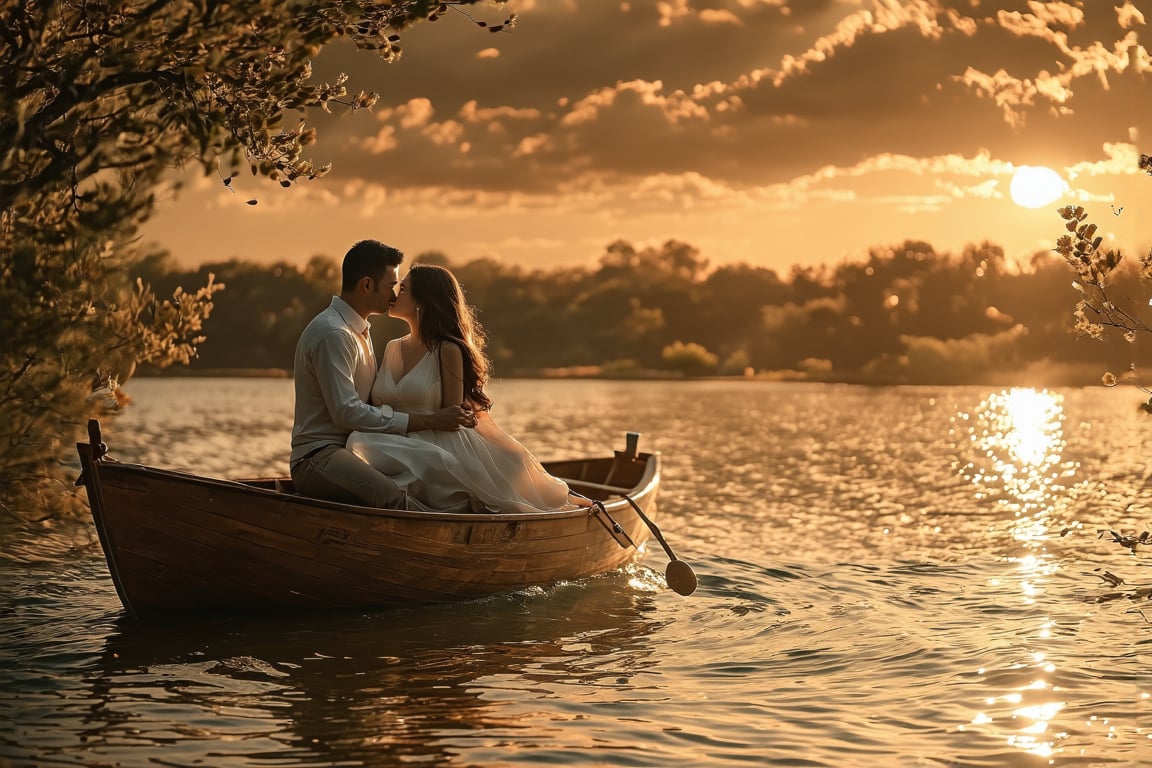 Romantic sunset over a tranquil lake. Couple kissing on a small wooden rowboat. Golden light reflecting on calm water. Man and woman in intimate embrace, silhouetted against vibrant orange and pink sky. Ripples around the boat, creating subtle reflections. Lush trees lining the distant shore. Long shadows stretching across the water's surface. Dreamy, soft focus atmosphere. Highly detailed, photorealistic style with painterly touches. 8K resolution, focus on the couple and immediate surroundings. Warm color palette emphasizing the romantic mood. Masterpiece quality, emotional impact.