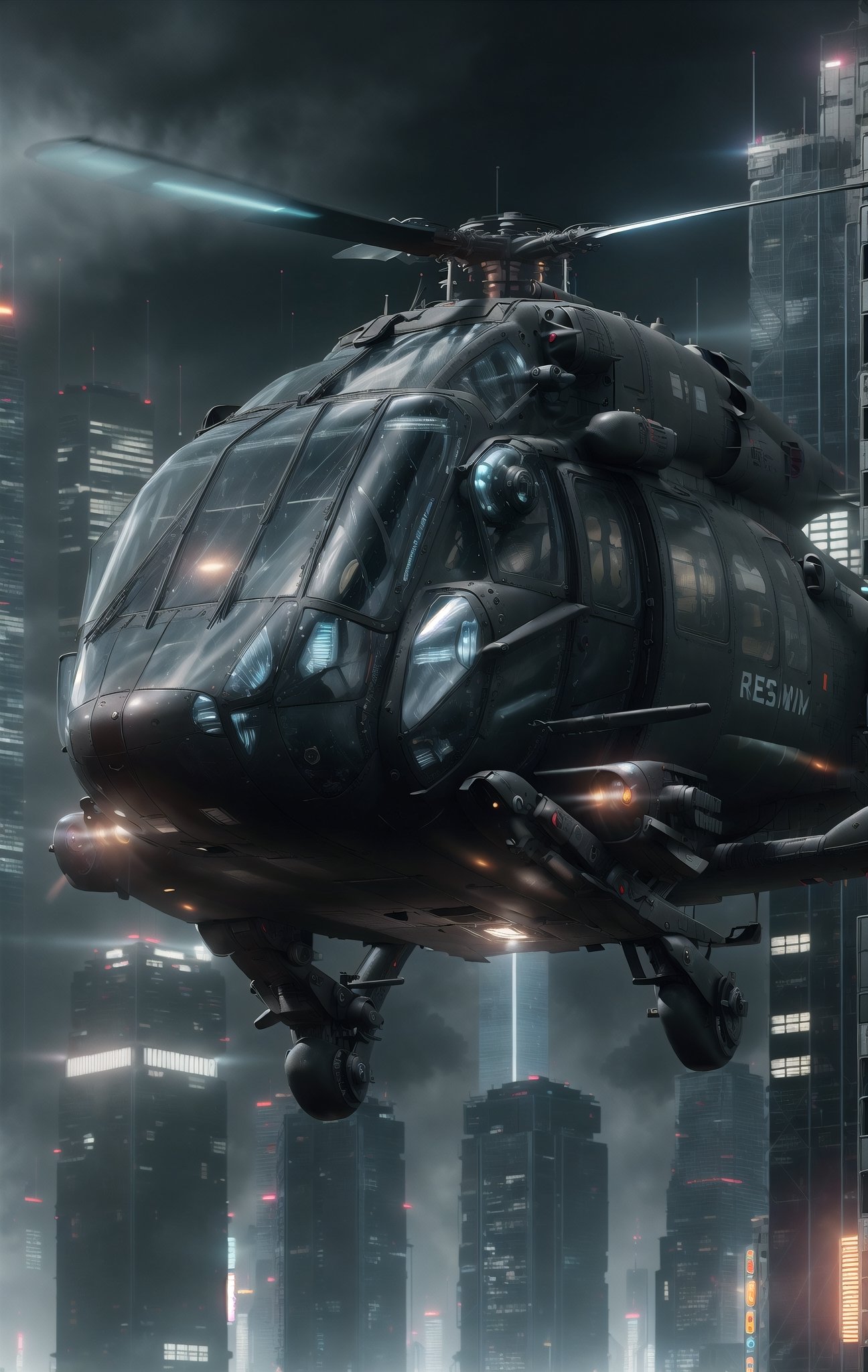 ultra Realistic aerial photo of a (high-tech futuristic Transparent body Black Hawk helicopter), red searchlight, flying through CyberPunk metropolis,  High Detail, Sharp focus, (photorealism), realistic, best quality, 8k, award winning, dramatic lighting, epic, cinematic, masterpiece, rim light, (action movie), war,  depth of field, dutch angle,photorealistic,CyberpunkWorld,Realism