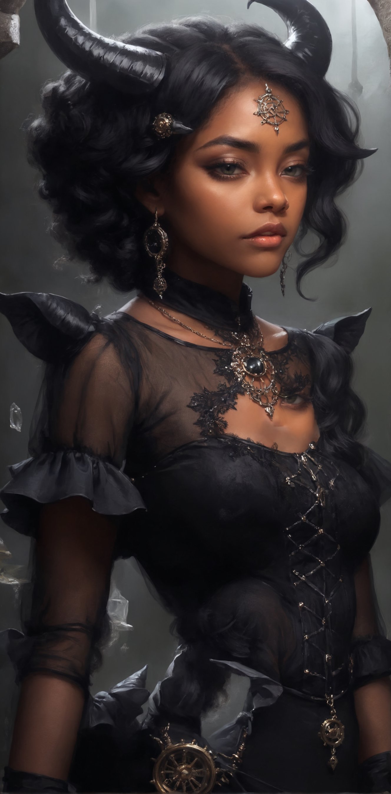 1 girl, (melanism), melanism demon girl,black skin,
,(((pitch black slit pupil eyes)),mesh fishnet blouse, (long intricate horns),Incredibly beautiful looks,
best quality, highest quality, extremely detailed CG unity 8k wallpaper, detailed and intricate, 
,steampunk style,Glass Elements