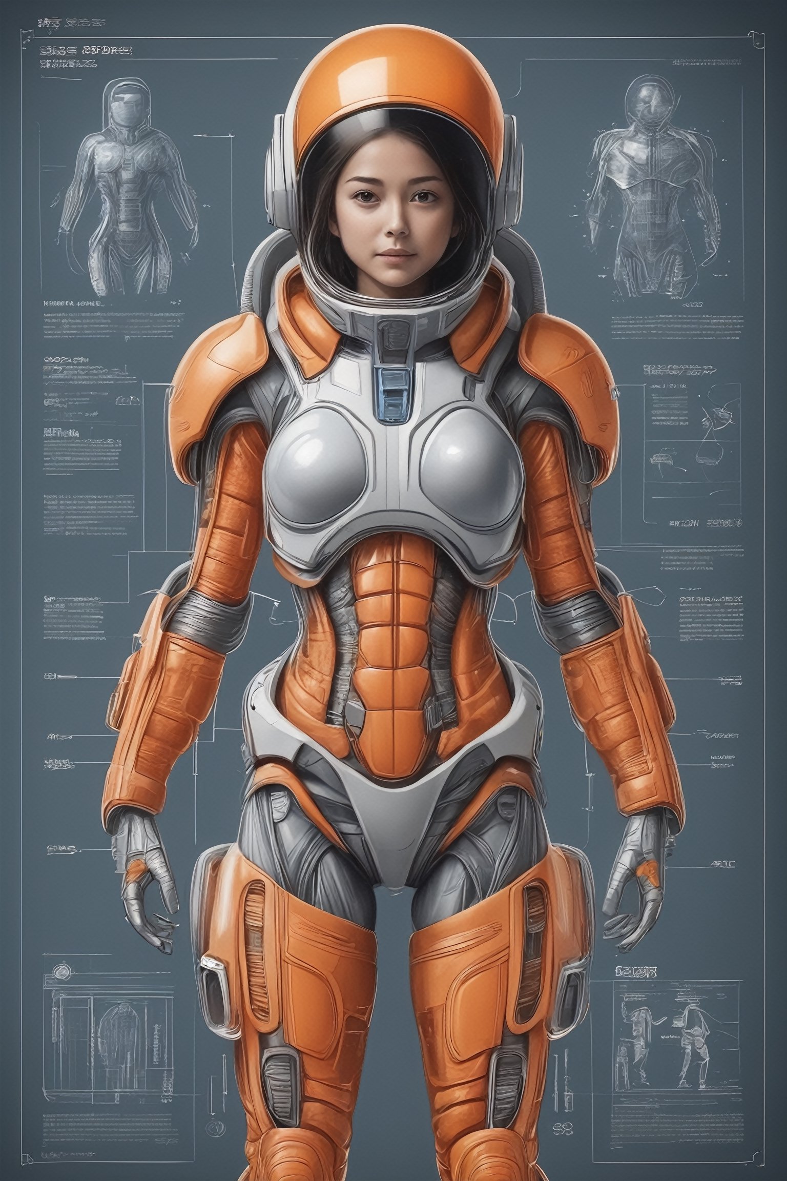 ((blueprint)),Anatomical Illustration style,character designs that show various forms,high-tech space suit, in the style of hyper-realistic sci-fi, light gray and orange, technological design, feminine body,