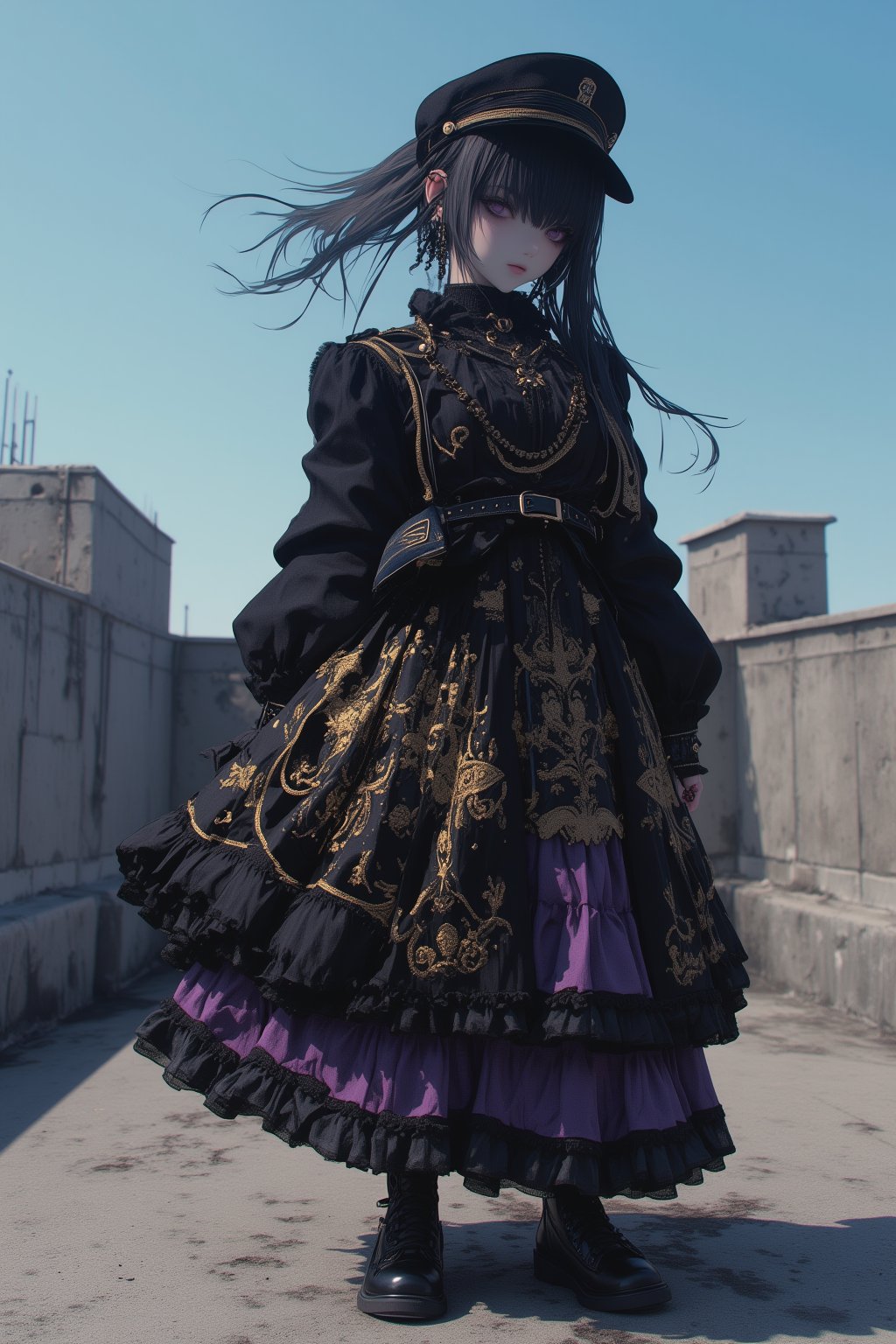 Elegant gothic lolita woman, full body portrait, 8k resolution, photorealistic. Black military style cap with gold trim. Long straight black hair blowing in the wind. Pale skin, heavy eye make-up and serious expression. Wearing a black high collar military jacket with gold embroidery and epaulettes, an elaborate purple and black skirt with an intricate gold chandelier print, a katana sword on her waist, and black lace-up boots. Standing on an abandoned concrete rooftop,blue sky in the background. Cinematic lighting shallow depth of field with focus on subject. Fantasy,dal,ct-animepopstyle