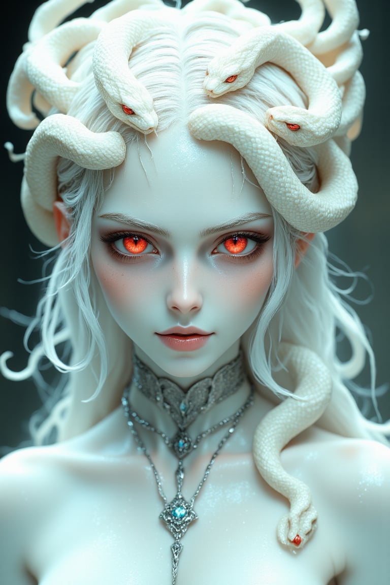 Mesmerizing albino Medusa,alabaster skin,
Ethereally beautiful face with flawless white skin and delicate features. Hypnotic red eyes with vertical pupils, radiating an otherworldly glow. Full, pale lips curved in a mysterious smile. Cascading hair composed of elegant white serpents with red eyes, writhing gently. Serpents have iridescent scales with subtle rainbow sheen. Slender neck adorned with a delicate silver necklace resembling intertwined snakes. Bare shoulders visible, skin appearing to shimmer softly. Expression combines allure, wisdom, and a hint of melancholy. Soft, diffused lighting emphasizing the otherworldly pallor of her skin and the mesmerizing quality of her gaze.,lyh,hkevil