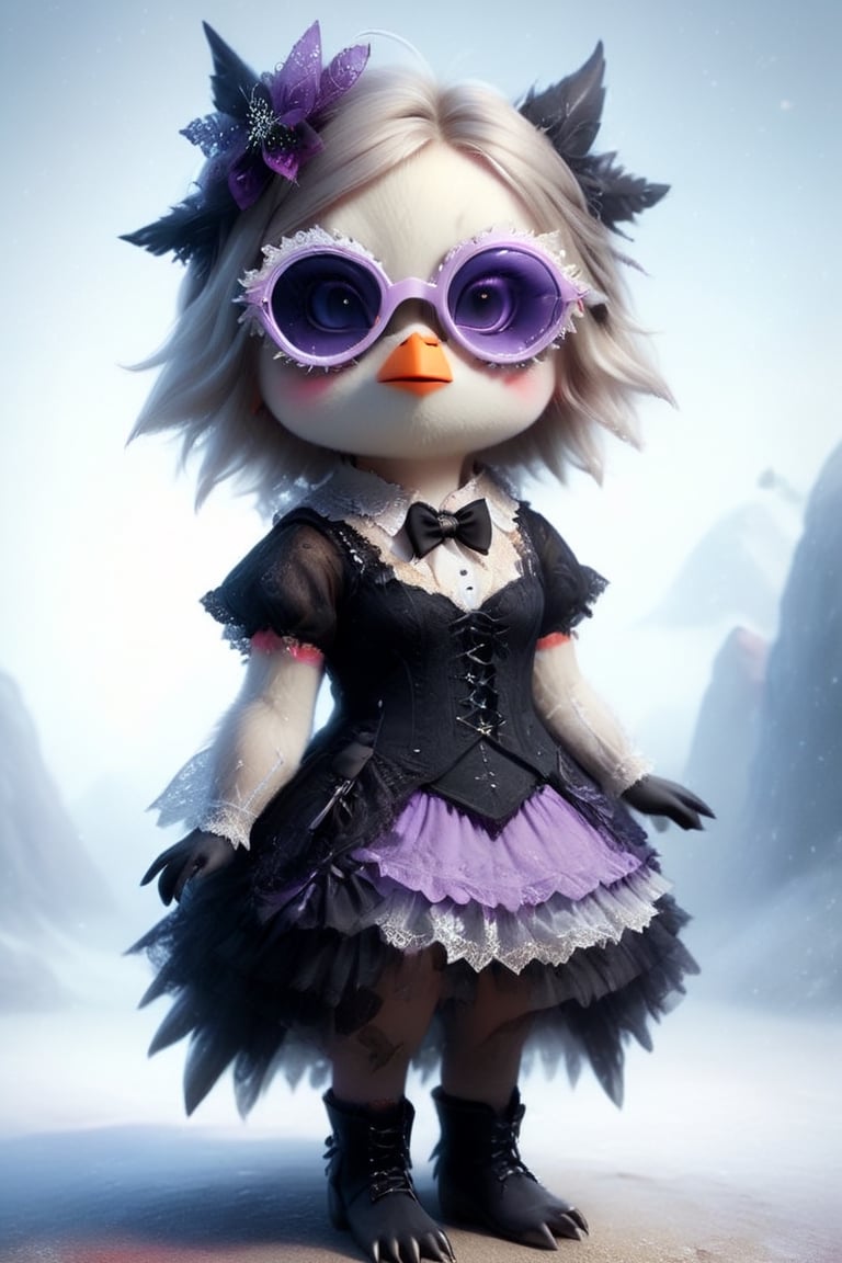 This adorable penguin is dressed in colorful Gothic Lolita fashion,wearing glasses, showcasing a unique and playful style. Its outfit features layers of frilly lace and elaborate bows, adding a whimsical touch to its appearance. The penguin's dress is adorned with vibrant hues, including shades of purple, pink, and blue, creating a striking contrast against its black and white feathers. Its accessories include oversized hair bows, lace gloves, and mismatched stockings, adding to the eclectic charm of its ensemble. With its stylish attire and charming demeanor, this penguin stands out as a fashion-forward icon in the animal kingdom.,real_booster,sfglasses