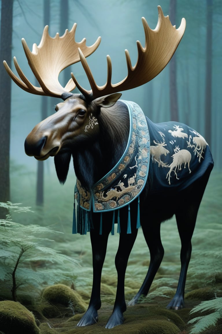 Imagine a giant moose wearing a traditional Taoist ceremonial robe. The robe is intricately embroidered with ancient symbols and flowing patterns, fitting the majestic animal perfectly. Its large antlers are adorned with delicate, ornate decorations, adding to its regal appearance. The moose stands in a serene, misty forest, embodying a mystical fusion of nature and ancient spirituality.