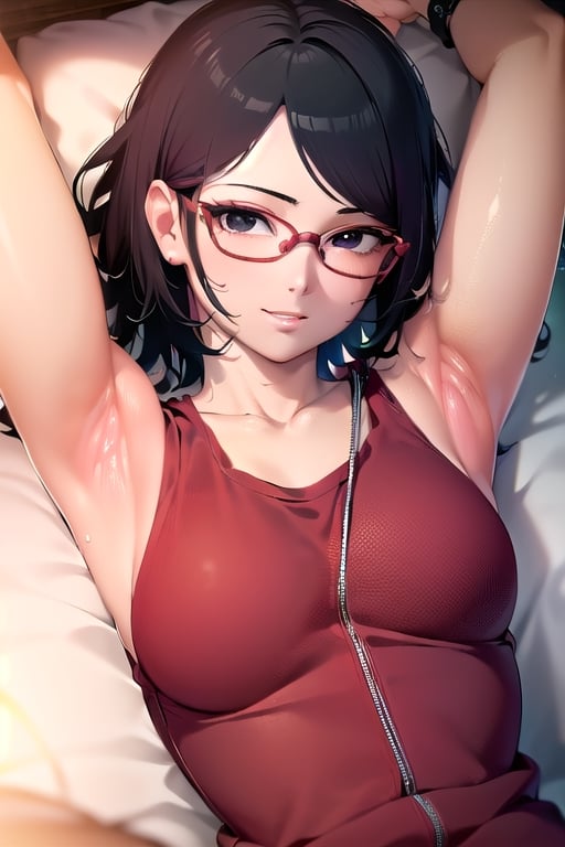 Realistic, (((Photorealistic))), beautiful girl (((masterpiece))), (((hd shot))), absurdres, (((intricate details))), (colorful),((cinematic lighting)),bust shot,(((extremely detailed CG unity 8k wallpaper))),1girl, short hair, sarada uchiha, ((red tank top)), smile, black eyes, red glasses, bed, lying_down, flowing hair, showing armpit