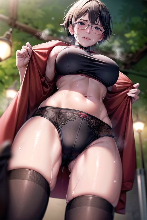 Realistic, (((Photorealistic))), beautiful girl (((masterpiece))), (((hd shot))), absurdres, (((intricate details))), (colorful),((cinematic lighting)),bust shot,(((extremely detailed CG unity 8k wallpaper))),1girl, short hair, sarada uchiha, glasses, forest, woods,flowing hair, sexy body, ((exposed stomach)),(((sweat_drops))), (((steaming_body))), red and black jacket, red and black topwear, strapless, smile, (glistening_body), collar, tired, exhausted,milf body, ((view_from_below)), ((looking_at_viewer)), large thigh, lifting legs