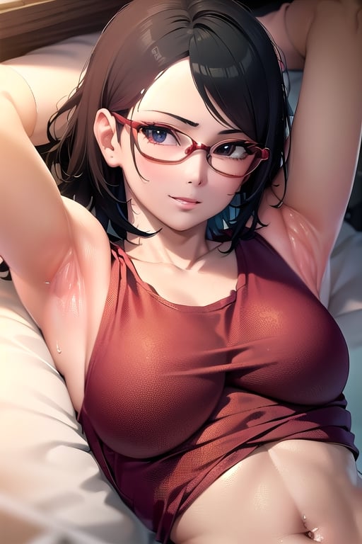 Realistic, (((Photorealistic))), beautiful girl (((masterpiece))), (((hd shot))), absurdres, (((intricate details))), (colorful),((cinematic lighting)),bust shot,(((extremely detailed CG unity 8k wallpaper))),1girl, short hair, sarada uchiha, ((red tank top)), smile, black eyes, red glasses, bed, lying_down, flowing hair, showing armpit, exposed stomach