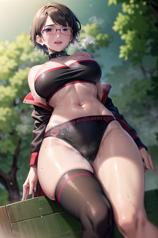 Realistic, (((Photorealistic))), beautiful girl (((masterpiece))), (((hd shot))), absurdres, (((intricate details))), (colorful),((cinematic lighting)),bust shot,(((extremely detailed CG unity 8k wallpaper))),1girl, short hair, sarada uchiha, glasses, forest, sitting_on, woods,flowing hair, sexy body, ((exposed stomach)),(((sweat_drops))), (((steaming_body))), red and black jacket, red and black topwear, strapless, smile, (glistening_body), collar, tired, exhausted,milf body, ((view_from_below)), ((looking_at_viewer)), large thigh