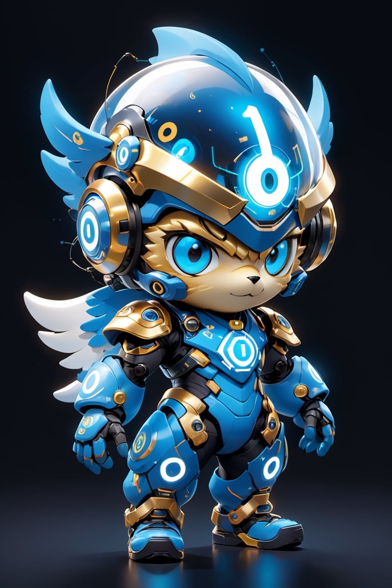 Create a digital mascot cyber justice with specs a blue and white eye mascot with neon wiring and translucent eye visor chip and circuitry, put a  helmet visor with gold and metallic translucent glass in the forehead, in the style of futuristic mascot, some translucent electrical wiring and gold metal bolt to form a majestic component formation on this mascot body, (((put number 10 on body))), This mascot shall be a luck totem and bless the owner with endless creativity in order to create a better digital world for Artificial intelligence Artist in the world! ***LENKAIZM***