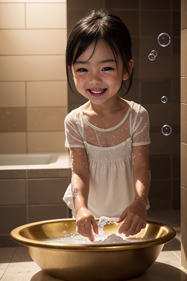 Miki Asai makro photography, soap bubble, close up, baby laughing, bathroom, water, realistic, caustic light, omni light, high_resolution, ultra detailed, golden interior mixed with black