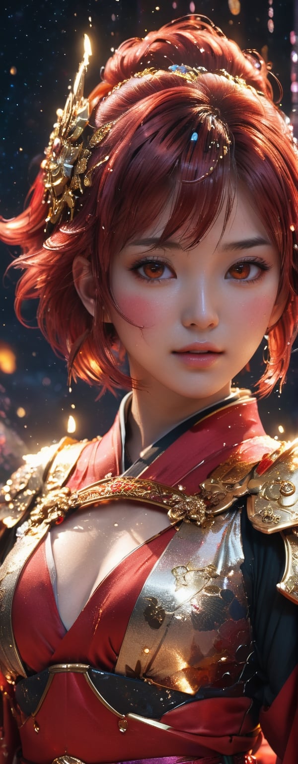 1girl, star eye, blush, perfect illumination, caramel hair styled as short hair, bright red hair, red eyes, ((crying)), tears flowing, dressed in red kimono outfit with outer golden chest armor made from machine, spraying water droplets in all directions, Gorgeous, unreal engine 5, sidelighting, detailed face, bangs, bright skin, starry nebula background, Sharp glossy focus, equirectangular 360, Highres 8k, ultra detailed, aesthetic, masterpiece, best quality, photorealistic, kinetic move effect, colorful,