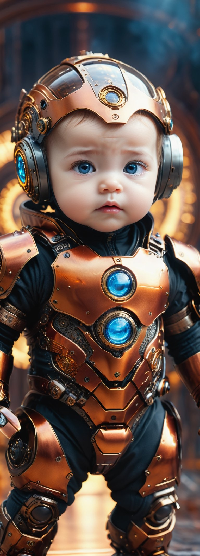 best quality, high resolution, 8k, realistic, sharp focus, (hyperdetailed:1.4), high contrast, (hdr:1.6), Lenkaizm, full body shot, photorealistic image of baby,  very realistic eyes, wears biomechanics armor, dynamic pose, reflection, bokeh, Temple background, blurry_light_background, Movie Still, photo r3al,Extremely Realistic,ministop,DonMCyb3rN3cr0XL , konbini,steampunk style,  all body in frame