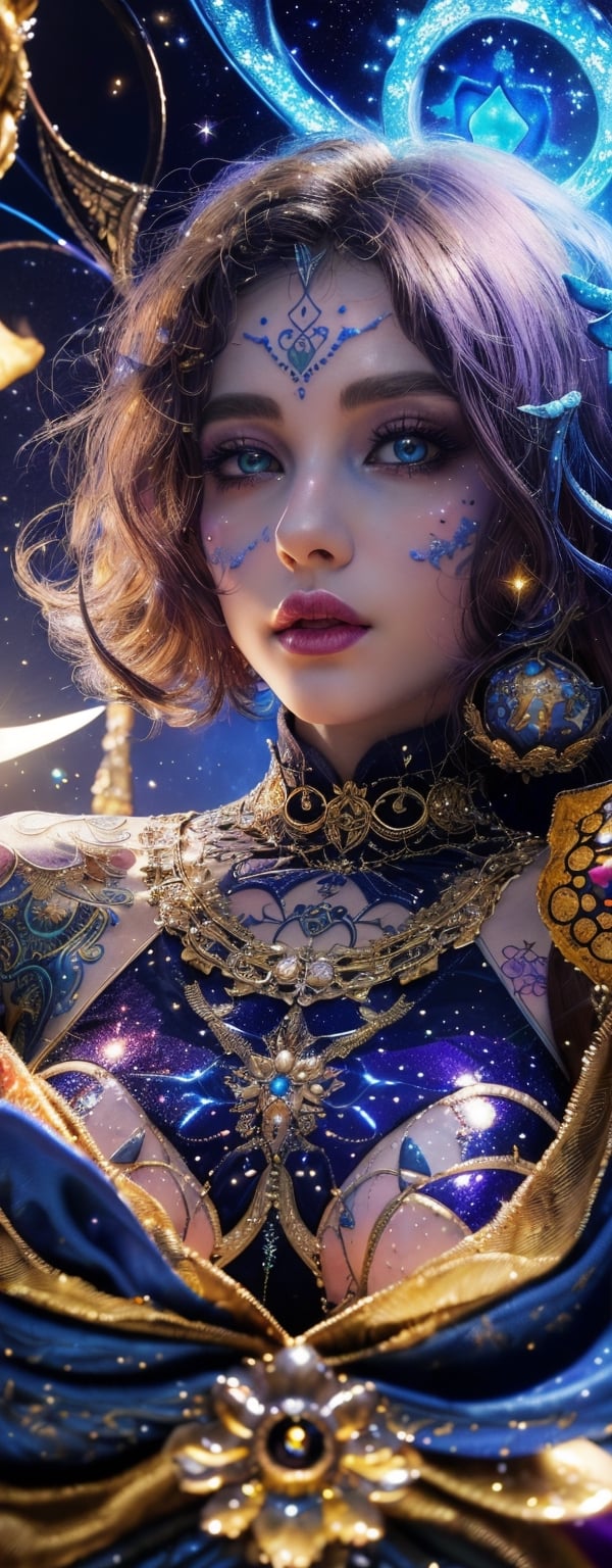 Envision a witchcore girl with sorcerous magic and wizardry clothing embroidery with pagan accesories, shiny blue eyes, big breast, golden metal breastpad, a locket around her neck, (Tattoed skin:1.6), purple|red|blue|yellow magical mage dress, perfectly correct anatomy, starlight, light particles, glowing light, (bloom:1.4),(shine),glinting stars, multicolor magic soft body particles, floating black feathers, (mystery, nature, mysterious) , magician, spell magic, magic circle, ((magic in hand)), sparkles,((petals)), (masterpiece, best quality:1.4), (best shadow), dynamic angle,floating, (ridiculous, high resolution, Super detailed:1.2), imaginative overlay, Art fusion,fantastical scenes, Eye-catching visuals, (((best quality))),(((Super detailed))),(((masterpiece))), More Detail