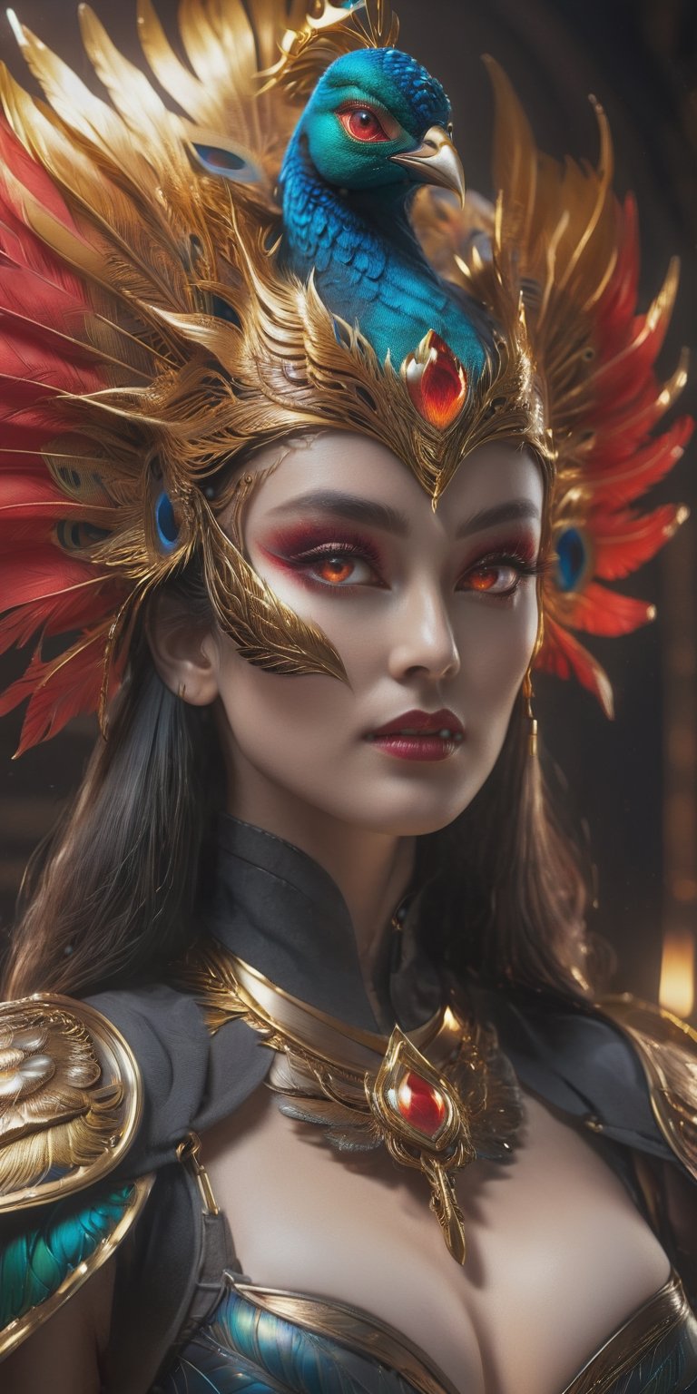 dracula woman wearing phoenix mask engraving with gold metal feather, big breast, peacock hair, very detailed glowing red eyes, reflection light, cinematic lighting, dramatic visual art, siluet, sharp focus, centered, eye-catching visual and colorful tones, ,Renaissance Sci-Fi Fantasy, Lenkaizm text logo