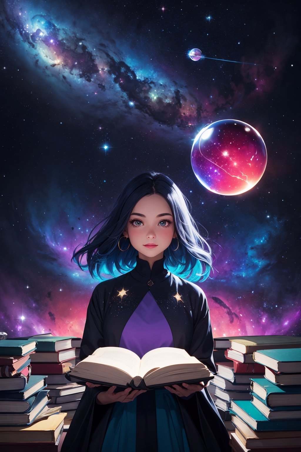 1girl, holding a crystal glass ball that encasing a whole nebula within, study room full of flying book in the background, complex_bg, vibrant color, shining clothes that embracing entire universe