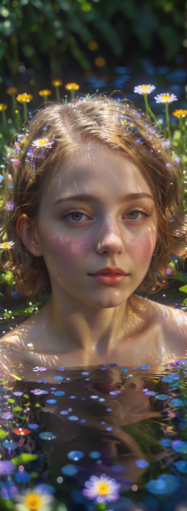 A girl bath in sunlight sitting in a beautiful flower garden, realistic photo realism, detail face, intricate background, high_resolution, 32k, Ultra detail, colorful, aesthetic, lenkz, moire, photo r3al, Zeiss camera photo shoot, outstanding light intensity and legendary bokeh, dreamy, glowing light reflection