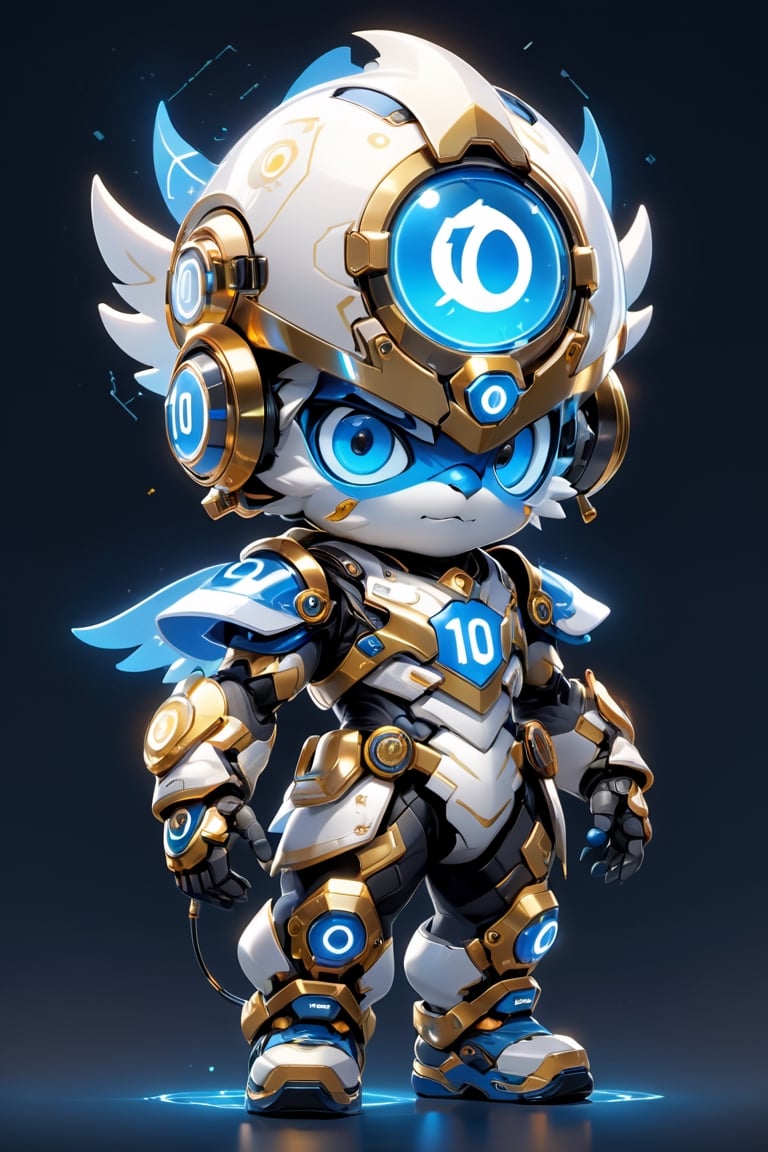 Create a digital mascot cyber justice with specs a blue and white eye mascot with neon wiring and translucent eye visor chip and circuitry, put a  helmet visor with gold and metallic translucent glass in the forehead, in the style of futuristic mascot, some translucent electrical wiring and gold metal bolt to form a majestic component formation on this mascot body, (((put number 10 on body))), This mascot shall be a luck totem and bless the owner with endless creativity in order to create a better digital world for Artificial intelligence Artist in the world! ***LENKAIZM***