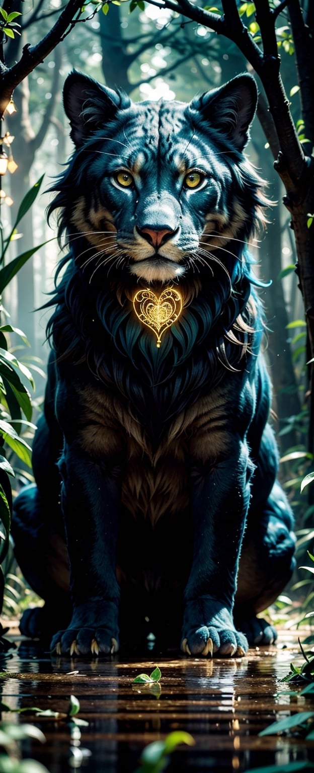(masterpiece, best quality), (hyper-realistic:1.4), Lenkaizm, 8k, Envision a majestic angry golden Lion with cat amalgam, in the center of Magical Dark Forest Lake, muscular, armored, foggy, in the late twilight, sharp shadow, soft focus, motes of lights, glowing flowers, glowing butterfly, magical style, water reflection, intricate details, colorful, abstract, close up,magic-fantasy-forest