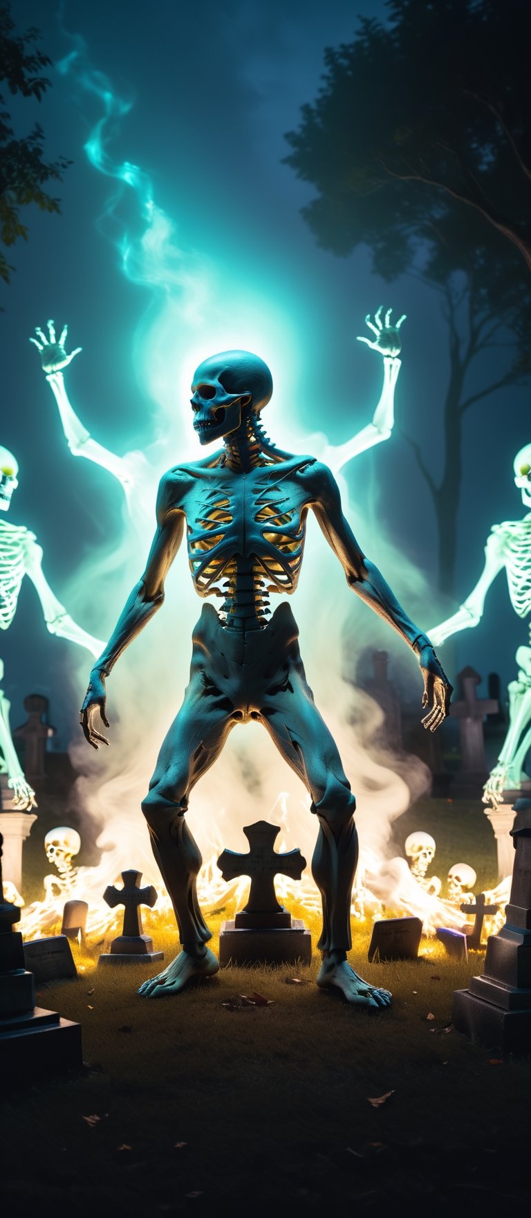 A group of skeleton dance party in a Cemetery full of tombstones, night, dancing pose, dramatic, eerie ghostly siluet under moonlight,mystery,spooky,(hyper-realistic:1.2), [square neon | triangle neon], dark tones, ultra high resolution,  8k,  ultra high quality,  cinematic lighting,  high contrast, low saturation,  vibrant color,  sharp focus,  depth_of_field,  Square neon, volumetric mist,  EpicArt, full body,detailmaster2,HellAI,fire,skull,monster