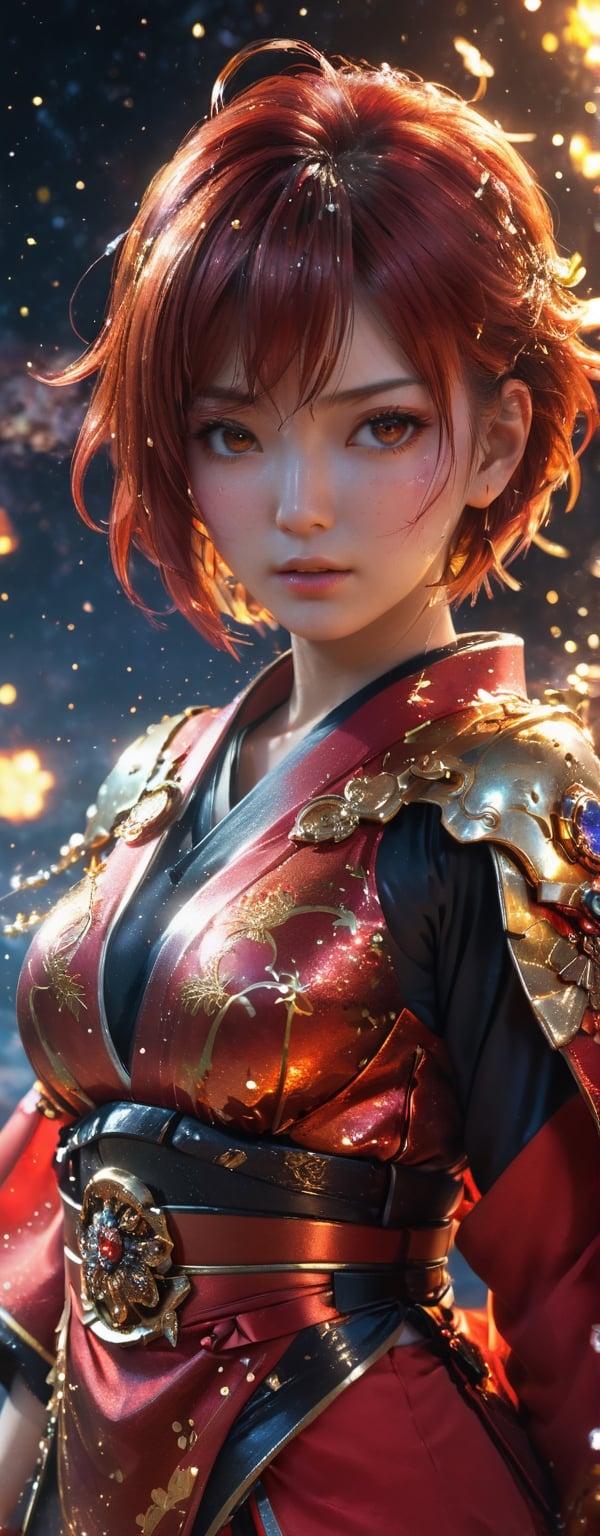 1girl, star eye, blush, perfect illumination, caramel hair styled as short hair, bright red hair, red eyes, (crying in anger:1.4), dressed in red kimono outfit with outer golden chest armor made from machine, spraying water droplets in all directions, Gorgeous, unreal engine 5, sidelighting, detailed face, bangs, bright skin, starry nebula background, Sharp glossy focus, equirectangular 360, Highres 8k, ultra detailed, aesthetic, masterpiece, best quality, photorealistic, kinetic move effect, colorful,