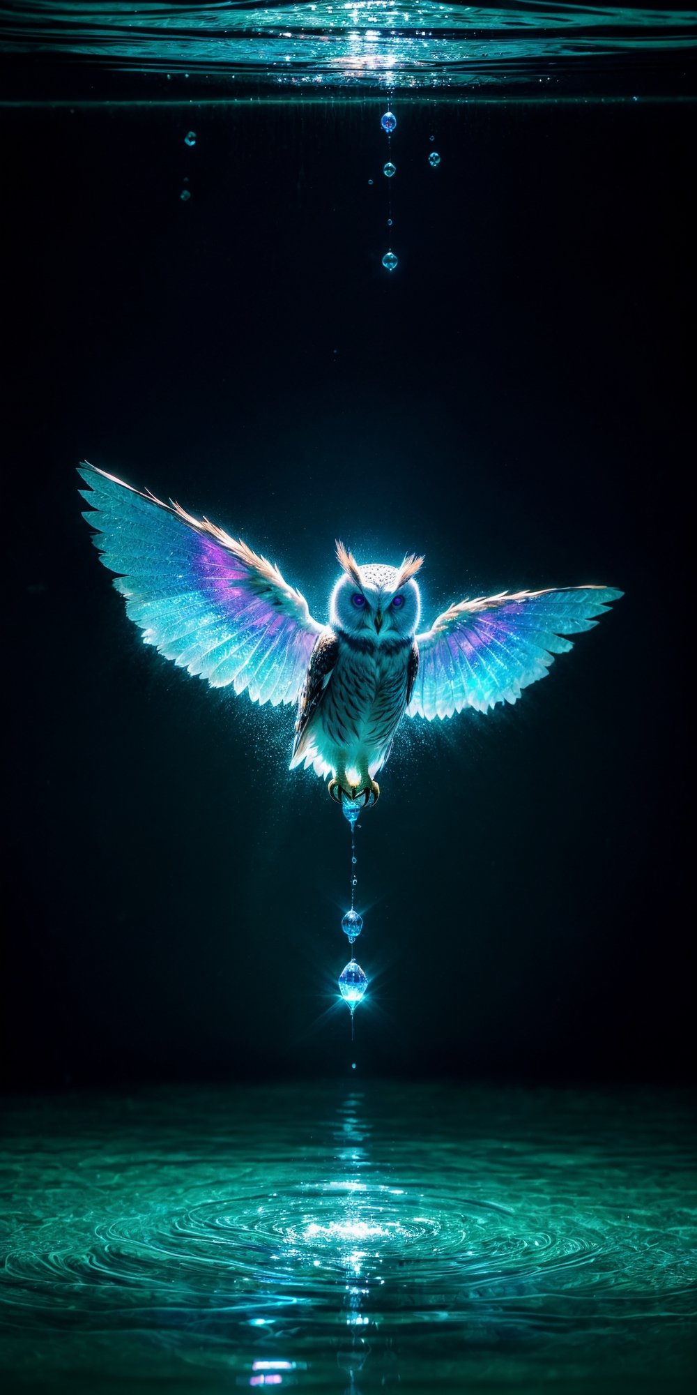 Lenkaizm prompt: an owl fairie ghost swimming on a percelain water sink in washroom, iridescent, luminescent, light beams, sparking water, perfect composition, award winning, perfect composition, beautiful detailed intricate, 16k artistic photography, photorealistic concept art, soft natural volumetric cinematic perfect light, stunning render quality 