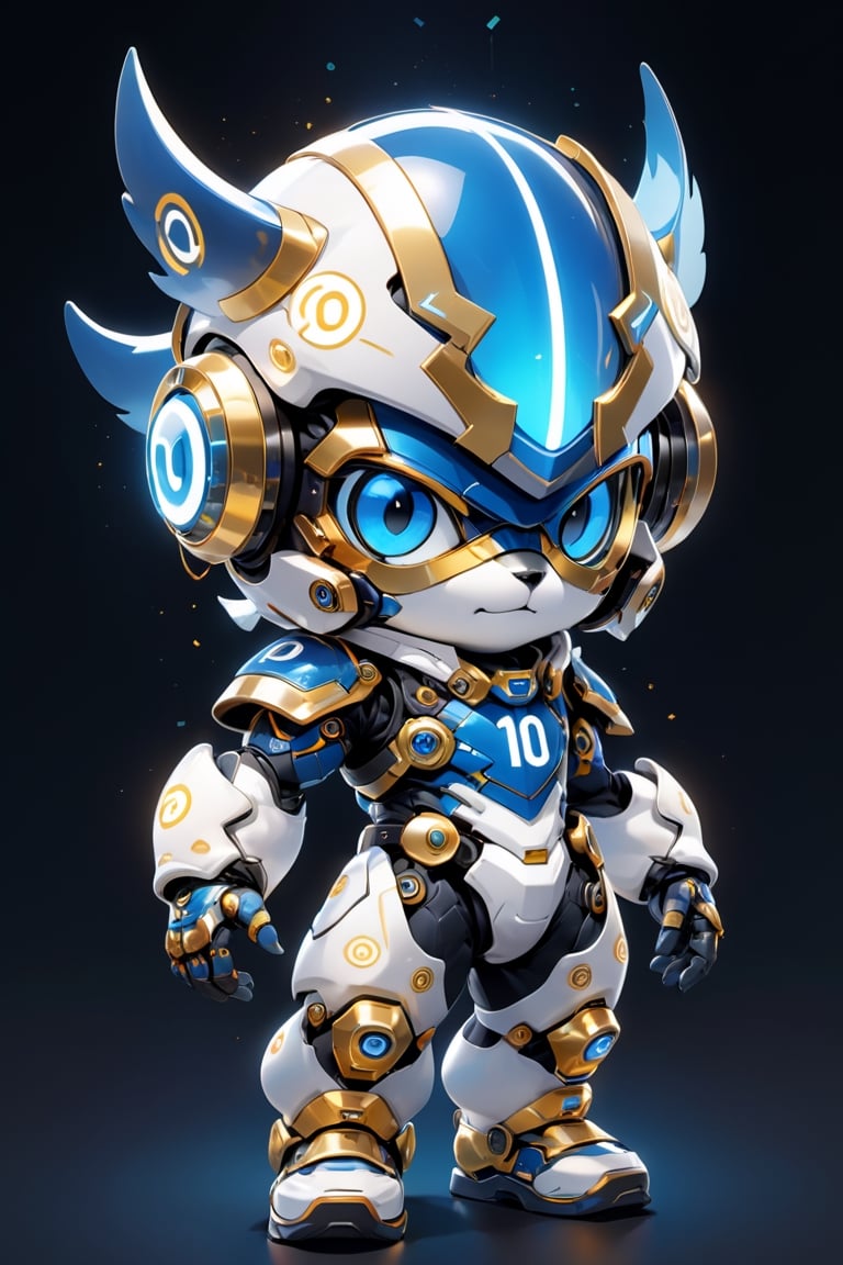 Create a digital mascot cyber justice with specs a blue and white eye mascot with neon wiring and translucent eye visor chip and circuitry, put a  helmet visor with gold and metallic translucent glass in the forehead, in the style of futuristic mascot, some translucent electrical wiring and gold metal bolt to form a majestic component formation on this mascot body, (((put number 10 on body))), This mascot shall be a luck totem and bless the owner with endless creativity in order to create a better digital world for Artificial intelligence Artist in the world! ***LENKAIZM***