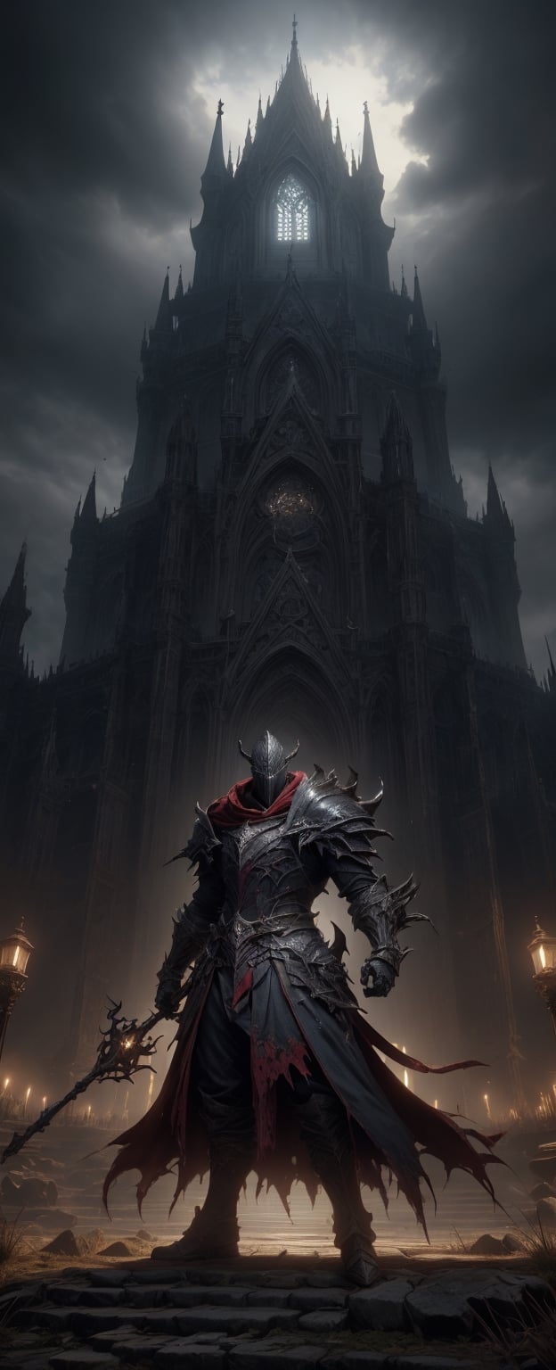 (RAW photo, HDR:1.2), (super detailed:1.4), (high quality, 8k), Lenkaizm, Envision a bloodborne warrior,  detailed face, red eyes, standing in front of castle gate, surrealism, gigantic, ethereal, fantasy realm, mysty environment, high contrast, volumetric lighting casting a sharp shadow to add more mysterious atmosphere, masterpiece, foggy background, cloud_scape, front light, complex terrain, detailed background, intricate texture and details,
