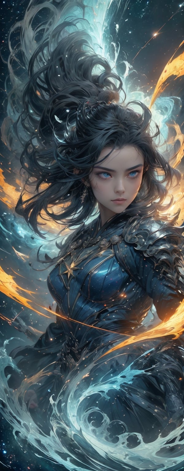 1girl, beautiful, blue starry eyes, wavy spiky hair, powerful appearance, magical surrealism, armored blue metal robe, electricity current flowing around body, Gorgeous, ethereal aura, ray tracing, sidelighting, detailed face, bright skin, dreamlike atmosphere, starry nebula background, Sharp glossy focus, equirectangular 360, Highres 8k, extreme detailed, aesthetic, masterpiece, best quality, rich texture, kinetic move effect, colorful,Movie Still,solo,r1ge,haifeisi,