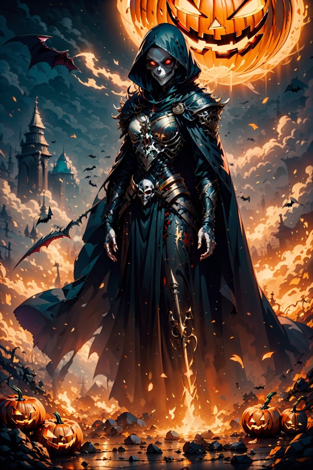 16k, masterpiece digital art, 1girl, vampire queen clad in golden armor, long black hair, sharp red eyes, evil smile, red lips, 2 fang teeth, black smokes comes out of her mouth, eye in forehead, big breast, wide hip, thick leg, tall posture, wearing red robes with wide necks, Halloween theme atmosphere, lenkaizm, ray tracing, volumetric mist, intricate detailed, this image should have sharp focus and smooth color composition, intricate detailed, fisheye shot, colse up, horror, pixar style 3d CG render