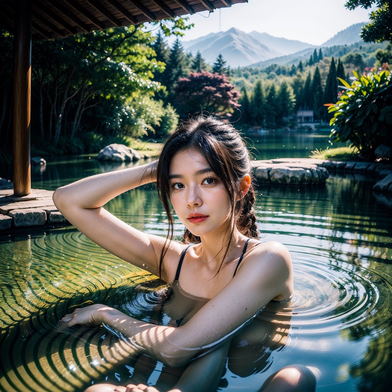 (masterpiece, top quality, best quality, official art, beautiful and aesthetic:1.2), Whimsical portrait of a person in a dreamy, natural environment with soft lighting taking a bath in a mountain lake of forrest and waterfall, ancient temple