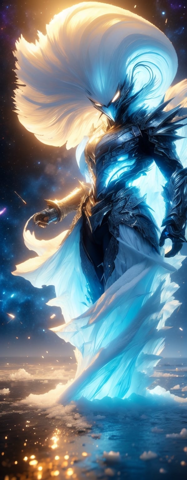 Ice theme, 1man, solo, very muscular body, blue starry eyes, long spiky hair, white hair, angry, powerful appearance, magical surrealism, thick double layer armored blue metal golden robe, warframe, astral chain, ice_wings, standing on icy lake, Gorgeous, ethereal aura, ray tracing, sidelighting, detailed face, bright skin, dreamlike atmosphere, starry nebula background, Sharp glossy focus, equirectangular 360, Highres 8k, extreme detailed, aesthetic, masterpiece, best quality, rich texture, kinetic move effect, colorful,Movie Still,r1ge,IceElementCh,ice_sculpture,ic34rmor,DonMGl4c14l,DonMSn0wM4g1c