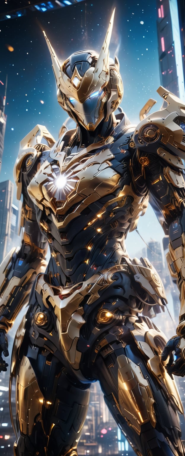 a superhero being wearing a golden black suit made from nano technology, photorealistic, super detailed, suspended in mid-air, floating against a breathtaking galaxy backdrop with swirling nebulae and stars. equipped with weapon arsenal, High-quality lighting renders every detail vividly, Masterpiece composition, showcases the vastness of space,  HDR enhances the colors, stunningly realistic and immersive visual experience, glowingdust, bokeh, Energy light particle mecha, full body, from below shot