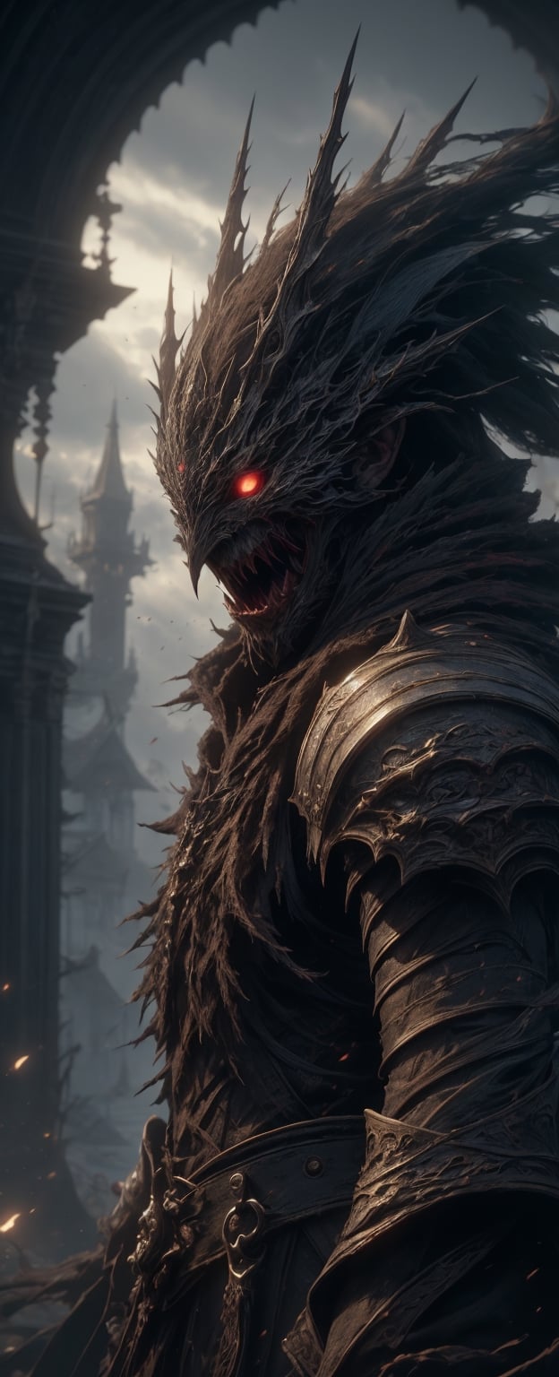 (RAW photo, HDR:1.2), (super detailed:1.4), (high quality, 8k), Lenkaizm, Envision a bloodborne warrior,  detailed face, red eyes, standing in front of castle gate, surrealism, gigantic, ethereal, fantasy realm, mysty environment, high contrast, volumetric lighting casting a sharp shadow to add more mysterious atmosphere, masterpiece, foggy background, cloud_scape, front light, complex terrain, detailed background, intricate texture and details, close up
