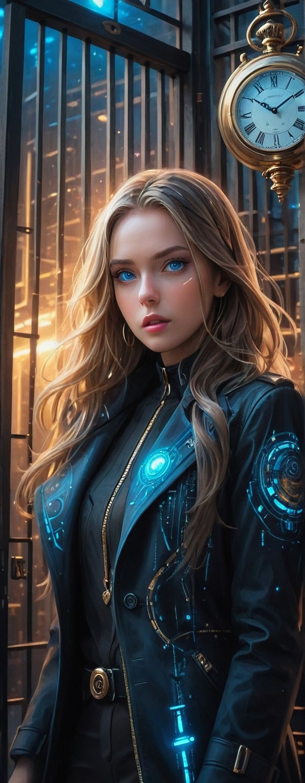 (Masterpiece, best quality, super realistic, 8k, HDR), Envision a detective girl standing in front of the gate of time,, detailed face, blue eyes, long hair, gazing to the sky, big breast, wearing time travel gold and black cascading fashion long advanced cybernetic coat, create hundreds of clock and time watch scattering and swirling every where to encapsulated time travel world, super detailed, time_paradox, time travel theme,Time Travel Style,photorealistic, 