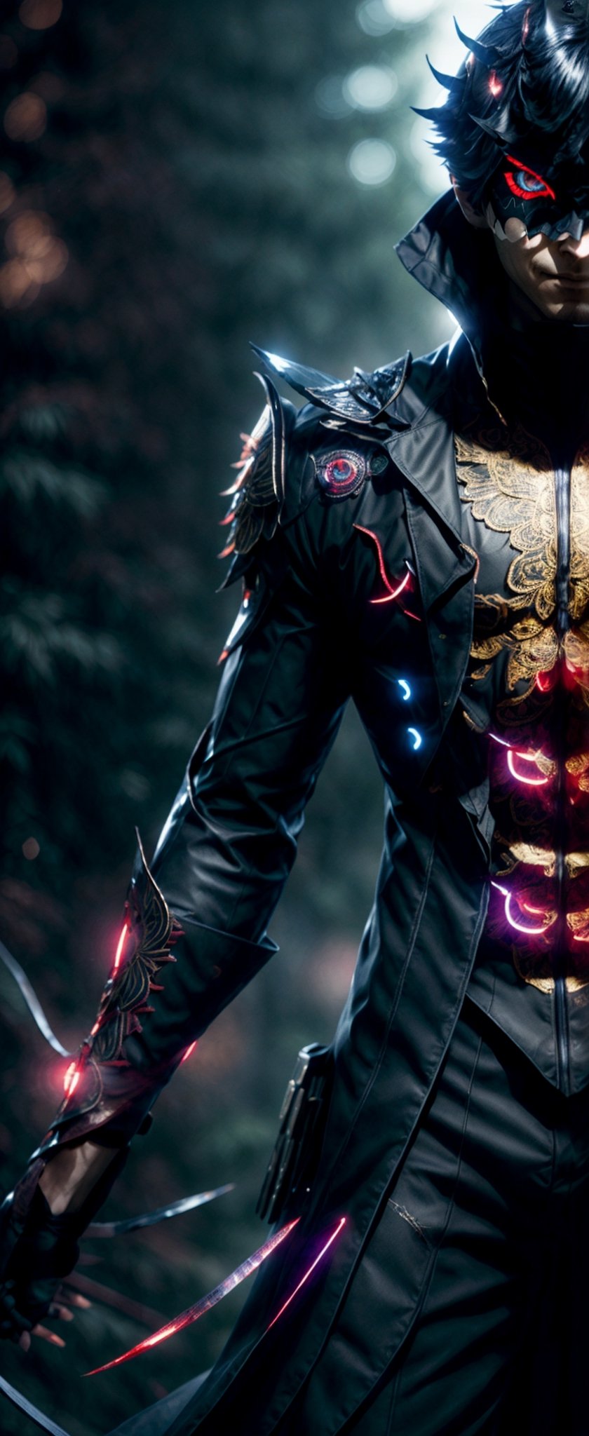 1 man, handsome, ren amamiya, glowing red eyes, sharp look, super detailed eyes, eye mask, evil smile, super detailed face, dual wielding his signature assasin weapon, wear trickster assasins suit embroidered with golden shiny persona symbol, long black coat with golden line flutter in the wind, masterpiece, best quality, 
high resolution, 8k, intricate detail, butterfly in the background, backlight, bokeh, omni light medium brightness, semi realistic mixed with 3d anime style, ,blurry_light_background