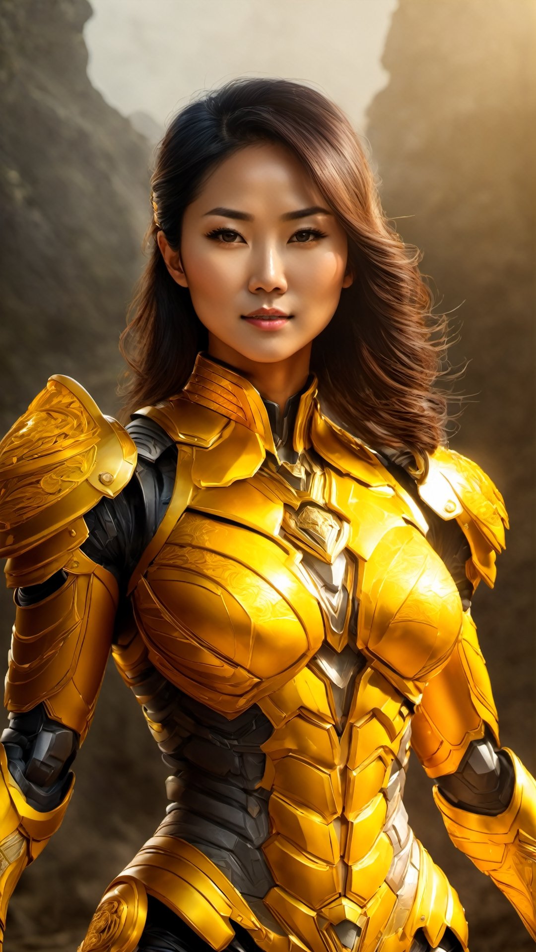 (Detailed Skin), (Detailed muscle), (Muscle vein), Make me a photo of power ranger yellow, asian woman, ranger helmet, armored, full body portrait, feminime body, ethereal light shining into the scene,