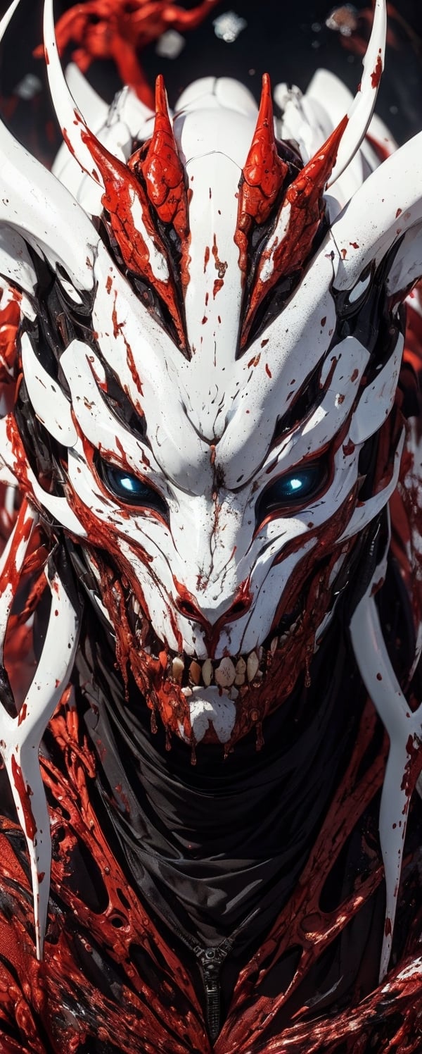 (Photography + Abstract Expressionism + Realism), create an amalgation of holy creature born from blood, bathed in blood, red snake eyes, half body, this creature was wild and violent, highly detailed, high quality, 8k, extremely realistic, full_mask