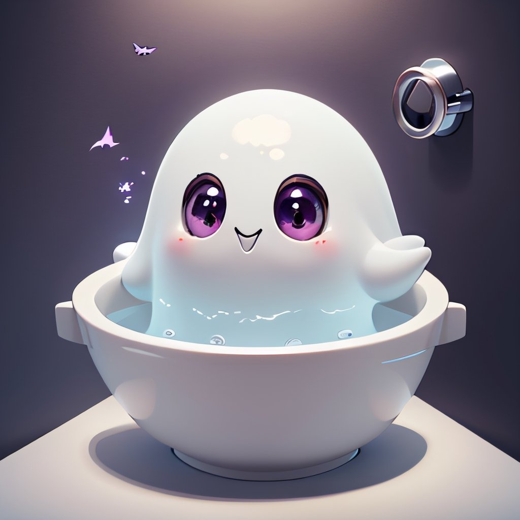 Lenkaizm prompt: no human,  japanese ghost kappa with semi transparent ethereal body ghost owl companion,  floating,  bathroom toilet washroom interior,  watersink,  bathup,  glossy tile,  water drip,  makoto shinkai style animation,((masterpiece,best quality)), absurdres,, Cute_Ghost, no humans, solo, ghost, floating, halloween, pokemon (creature), cute, solo, smiling, looking at viewer,purple theme, graveyard in background, 