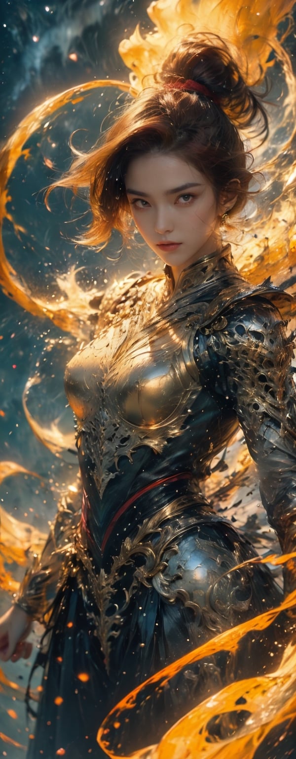 1girl, fiercely lunges towards her enemy, star in eye, blush, perfect illumination, caramel hair styled as short hair, bright red hair, wearing golden headband around the head, star jewel earing, red eyes,  dressed in outfit with outer golden chest armor, beautiful wings, spraying water droplets in all directions, Gorgeous, ethereal aura, ray tracing, sidelighting, detailed face, bangs, bright skin, dreamlike atmosphere, starry nebula background, Sharp glossy focus, equirectangular 360, Highres 8k, extreme detailed, aesthetic, masterpiece, best quality, rich texture, kinetic move effect, colorful,Movie Still,solo,r1ge,haifeisi