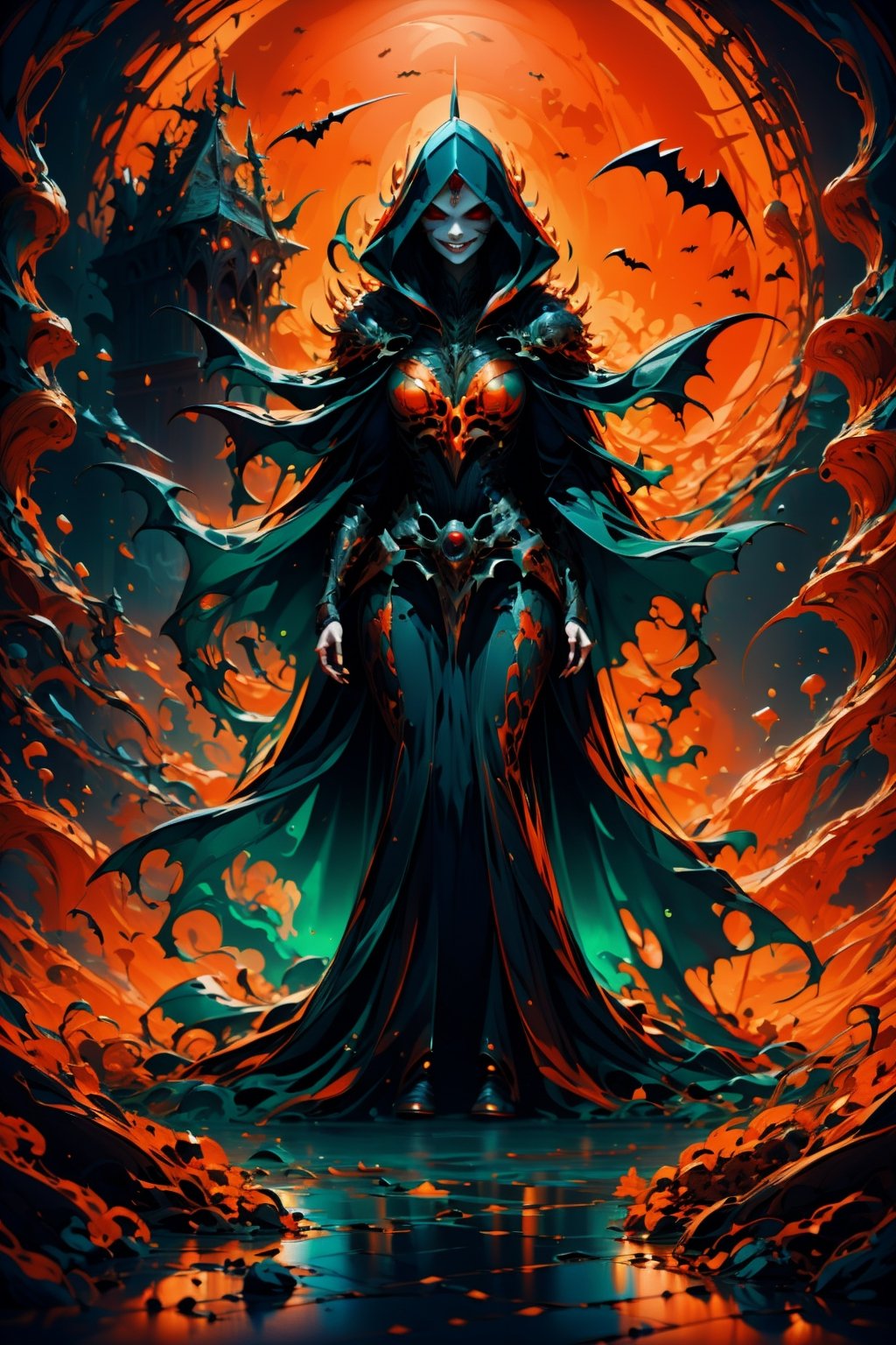 16k, masterpiece digital art, 1girl, vampire queen clad in golden armor, long black hair, sharp red eyes, evil smile, red lips, black smokes comes out of her mouth, eye in forehead, big breast, wide hip, thick leg, tall posture, wearing red robes with wide necks, Halloween theme atmosphere, lenkaizm, ray tracing, volumetric mist, intricate detailed, this image should have sharp focus and smooth color composition, intricate detailed, ,DonMG414 