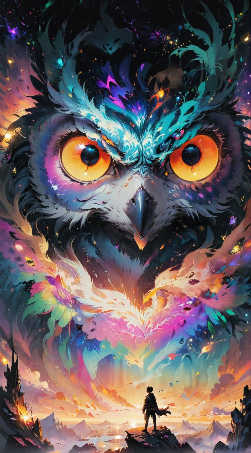 (Masterpiece:1.4,high quality:1.4, HDR) (ultrarealistic:1.4),Movie Poster, a man with owl head, glittery eyes, cute_fang, cuteness overload, imagine a colorful background contrasting with void blackness around the man, algorithmic fractal art, sparkling light shining from heaven, confronting the siluet into the background to create a mesmerizing sharpness image,MoviePosterAF