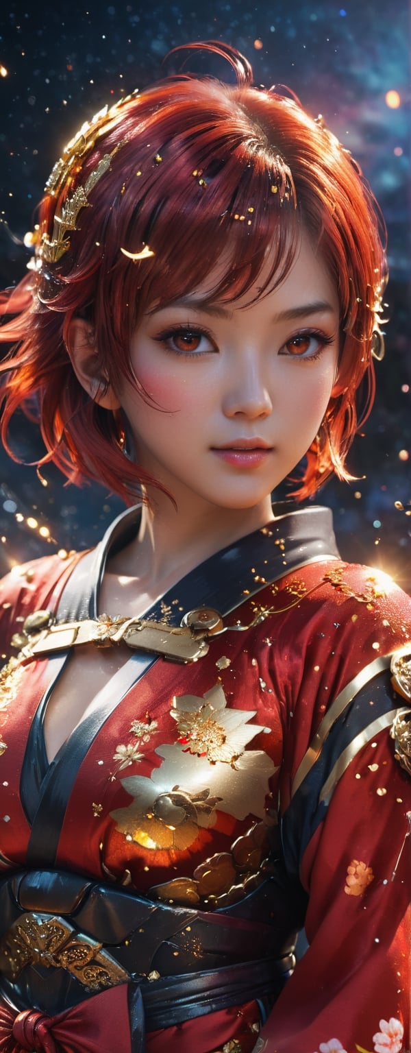 1girl, star eye, blush, perfect illumination, caramel hair styled as short hair, bright red hair, red eyes, dressed in red kimono outfit with outer golden chest armor made from machine, spraying water droplets in all directions, Gorgeous, unreal engine 5, sidelighting, detailed face, bangs, bright skin, starry nebula background, Sharp glossy focus, equirectangular 360, Highres 8k, ultra detailed, aesthetic, masterpiece, best quality, photorealistic, kinetic move effect, colorful,