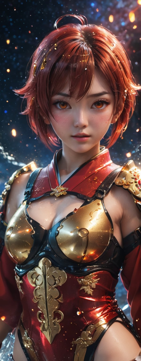 1girl, star eye, blush, perfect illumination, caramel hair styled as short hair, bright red hair, red eyes, (crying in anger:1.4), tears flowing, dressed in red kimono outfit with outer golden chest armor made from machine, spraying water droplets in all directions, Gorgeous, unreal engine 5, sidelighting, detailed face, bangs, bright skin, starry nebula background, Sharp glossy focus, equirectangular 360, Highres 8k, ultra detailed, aesthetic, masterpiece, best quality, photorealistic, kinetic move effect, colorful,