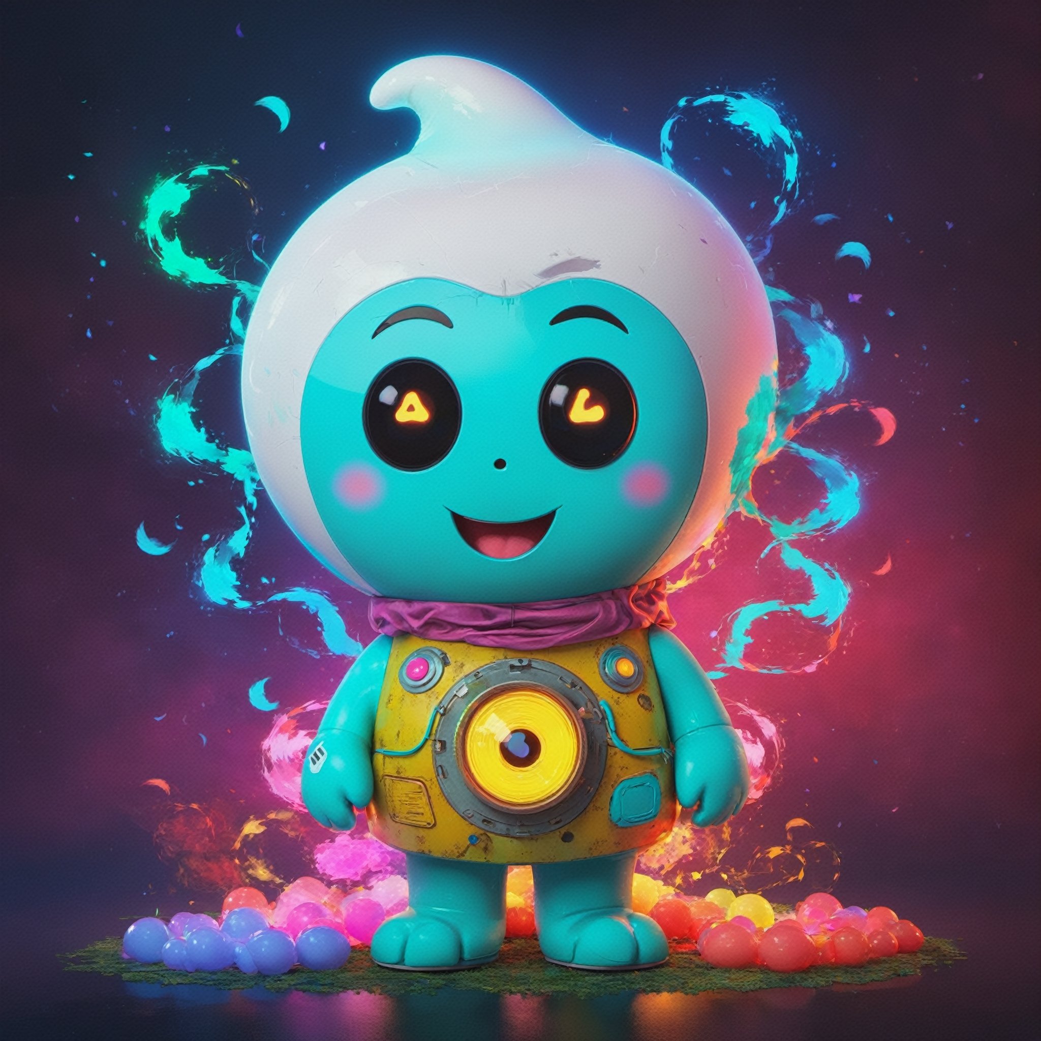 Generate a mascot for tenten, A mischievous artificial intelligent ghost with a playful expression, by Lenkaizm,use digital color palette inspired by lexar studio, reflect whimsical and vibrant color to express tensor creative community, this mascot should be able to bring good luck and happiness to the world, inspired many and become greatest hits within digital art work. 