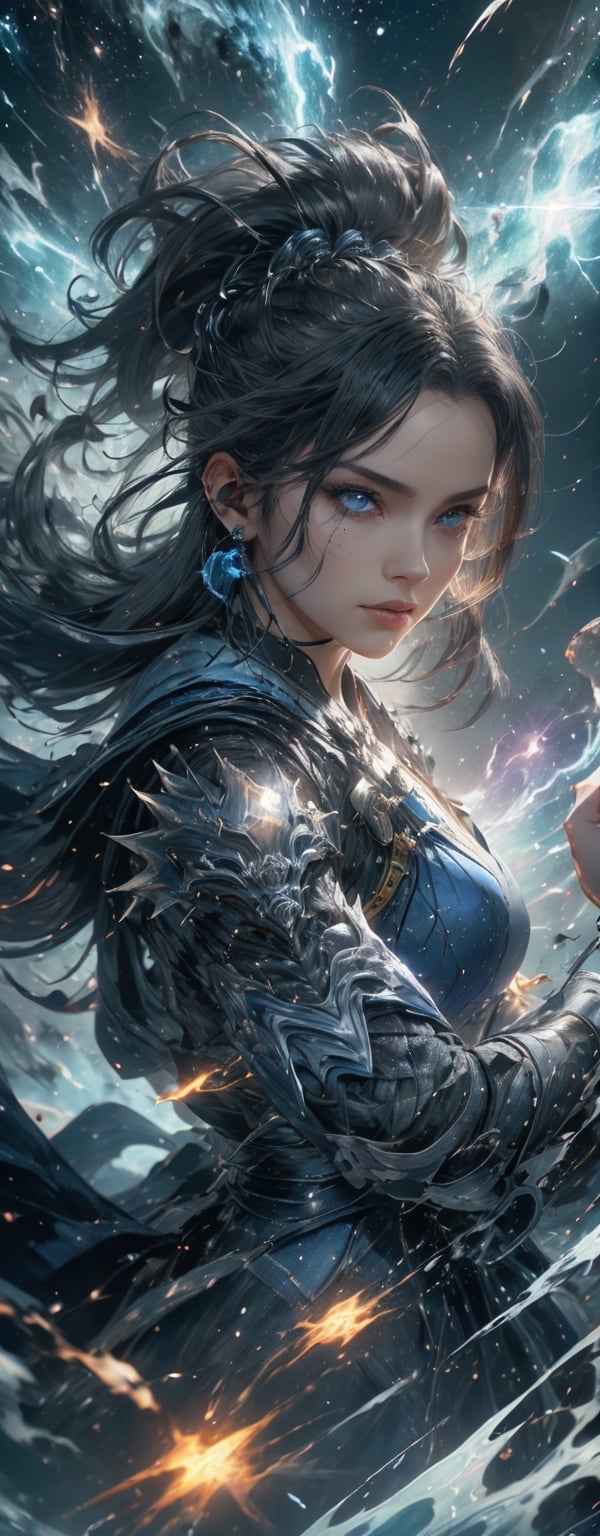 1girl, beautiful, blue starry eyes, wavy blue spiky hair, mouth mask, powerful appearance, magical surrealism, thick dounle layeref armored blue metal robe, warframe, electricity lightning current flowing around body, holding weapon, Gorgeous, ethereal aura, ray tracing, sidelighting, detailed face, bright skin, dreamlike atmosphere, starry nebula background, Sharp glossy focus, equirectangular 360, Highres 8k, extreme detailed, aesthetic, masterpiece, best quality, rich texture, kinetic move effect, colorful,Movie Still,solo,r1ge,haifeisi,