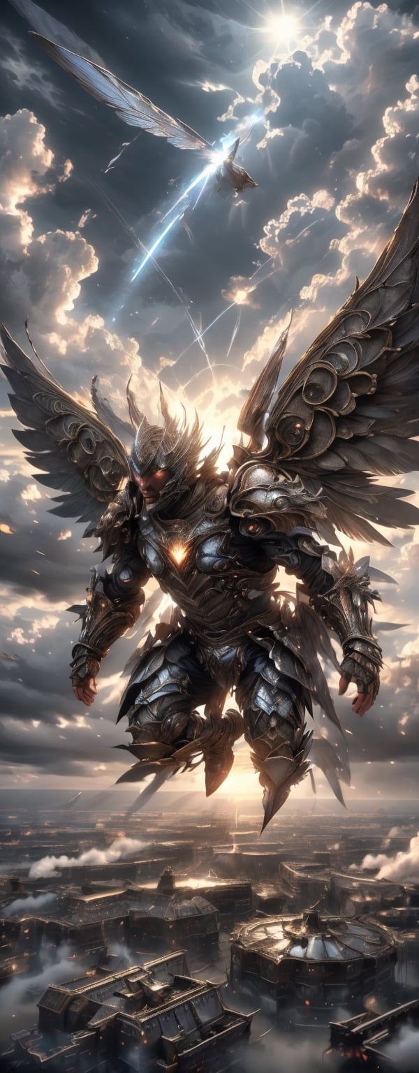 Envision a male winged hero, flying in the sky, thick armor, best quality, high resolution, 8k, (hdr:1.2), fr4ctal4rmor, fantasy land, aerial photography, extremely dramatic, flying pose,  bright cloudy sky, ,EpicSky,fr4ctal4rmor,wings