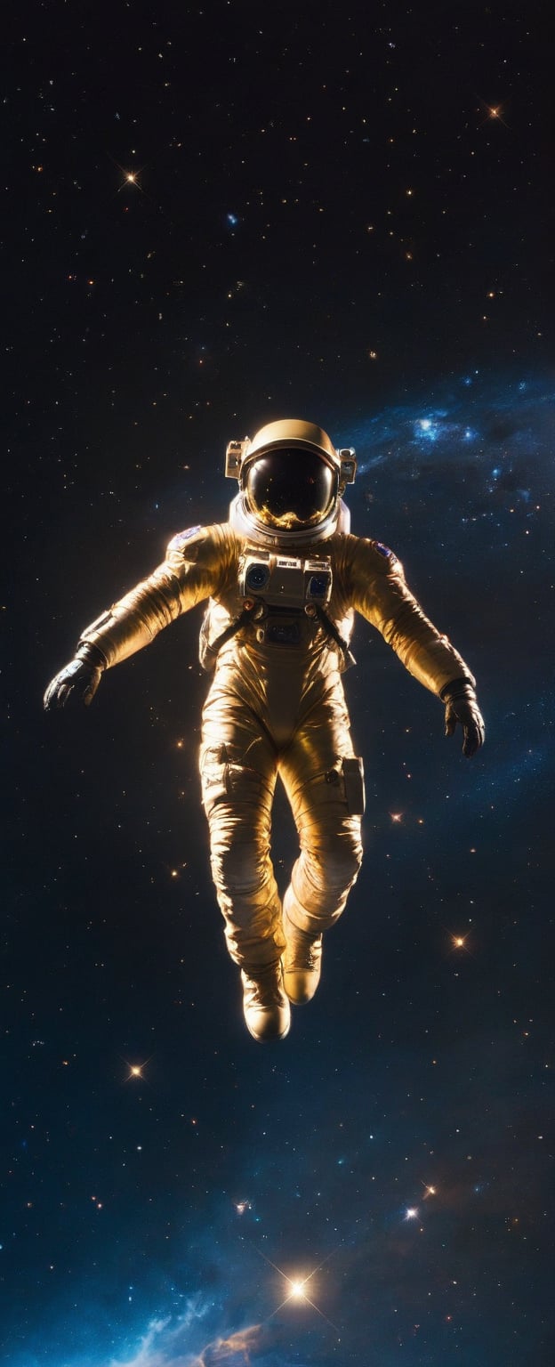 a superhero being wearing a golden black suit glowing embedded with futuristic equipment, suspended in mid-air, floating against a breathtaking galaxy backdrop with swirling nebulae and stars. High-quality lighting renders every detail vividly, from the astronaut's gleaming spacesuit to the intricate textures of their helmet's visor. Masterpiece composition showcases the vastness of space, with the subject's tiny figure emphasizing our insignificance in the cosmos. HDR enhances the colors, creating a stunningly realistic and immersive visual experience,glowingdust,bokeh