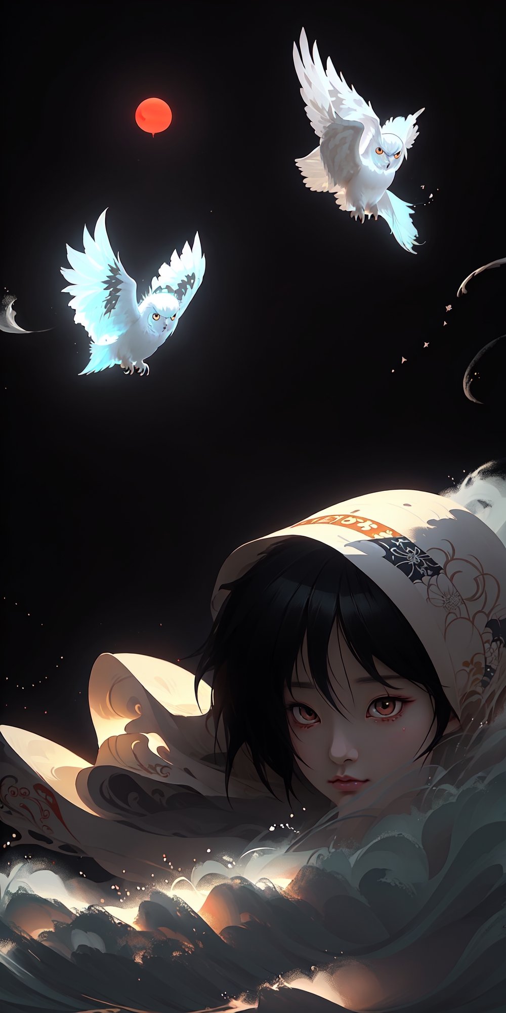 Lenkaizm prompt: A canvas illustration of beautiful japanese ghost and a ghost owl companion, floating,  create the background with japanese washroom in kamakura era style, japanese folklore, makoto shinkai style animation, high quality masterpiece art, Ridiculous resolution, ultra - detailed, afloat, Elaborate Eyes, Beautiful detail pupils, 16k