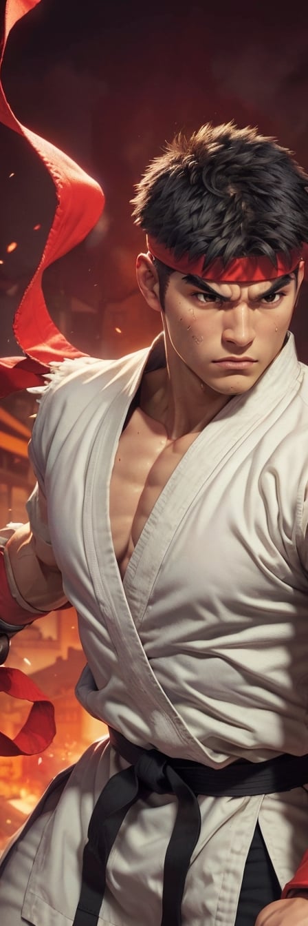 (high quality, masterpiece:1.3, 16k hdr image) Extremely detail picture of Ryu from Street Fighter game, short black hair, bold eye brow, strong jaw, heroic eyes, Veined mucle, sweat ok body and clothes, hair, extremely detailed black eyes, emitting red ki chakra aura around the body, shining skin, hyper-defined, fighting ready pose, luminous hues of golden siluet background, scenery, outdoor, building, More Detail,sfr1v