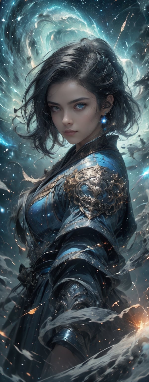 1girl, beautiful, blue starry eyes, short piky hair, powerful appearance, magical surrealism, armored blue metal robe, electricity current flowing around body, Gorgeous, ethereal aura, ray tracing, sidelighting, detailed face, bright skin, dreamlike atmosphere, starry nebula background, Sharp glossy focus, equirectangular 360, Highres 8k, extreme detailed, aesthetic, masterpiece, best quality, rich texture, kinetic move effect, colorful,Movie Still,solo,r1ge,haifeisi,